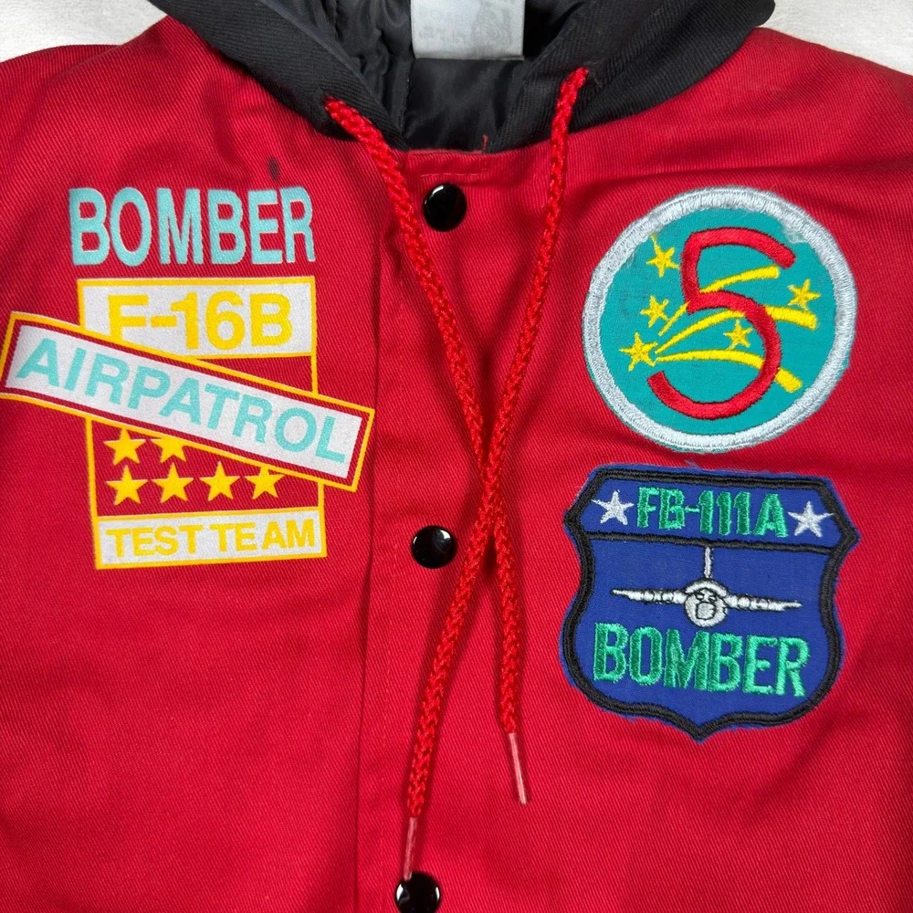 Vintage‎ Sears Boys Red Varsity Bomber Jacket Hooded Patches NWT Size 7 L USA